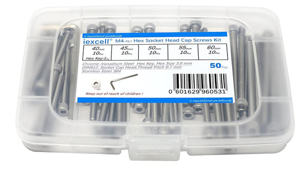 iexcell 50 Pcs M4 x 40/45/50/55/60mm Stainless Steel 304 Hex Socket Head Cap Screws Bolts Assortment Kit
