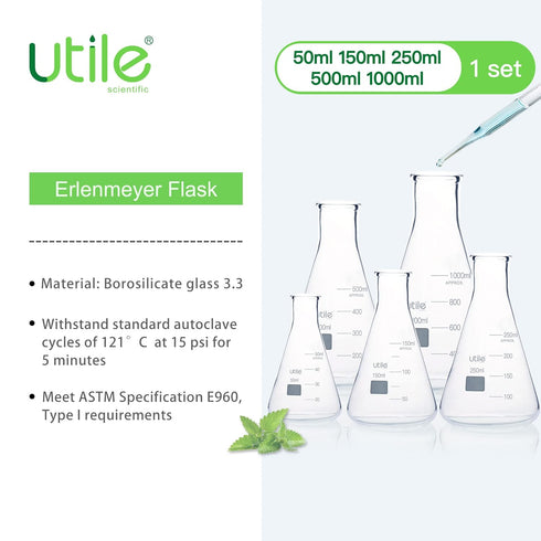 Utile Erlenmeyer Flasks, 5 Sizes of Narrow Mouth Conical Borosilicate Glass Flasks with Printed Graduation