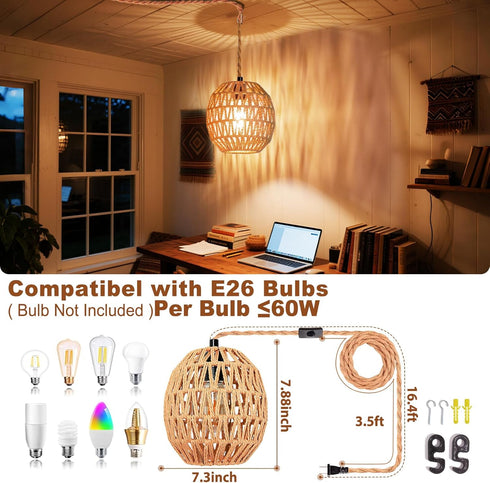 Maliralt 16.4ft Hanging Lamps Rattan Pendant Light Hanging Lights Plug in Cord Pendant Light Fixture Plug Into Wall