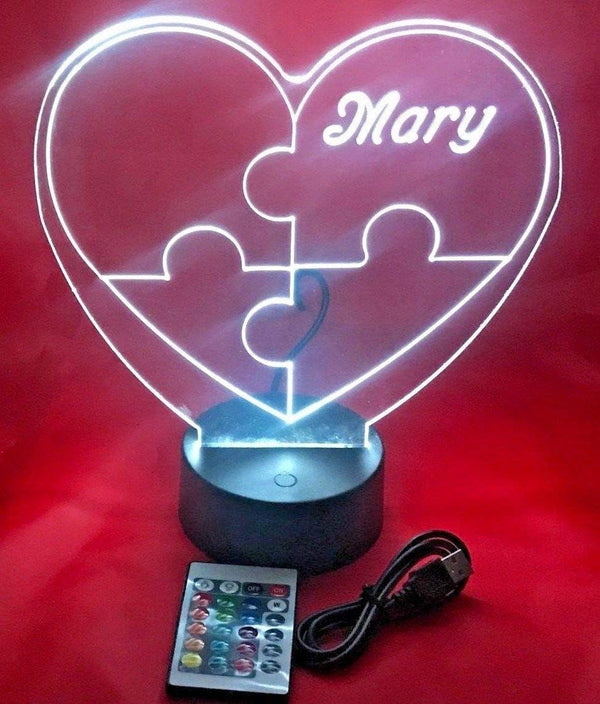 Puzzle Piece Autism Heart Night Light Up Lamp LED Stand Engraved Table