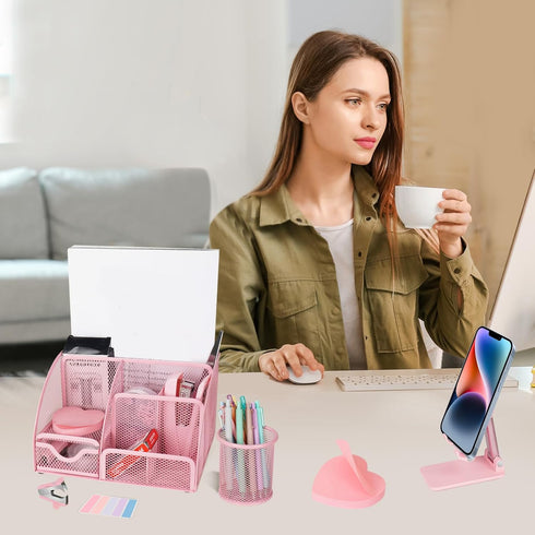 Pink Desk Organizers and Accessories, Mesh Office Supplies Set with Tape Dispenser, Stapler, Phone Holder, Scissors