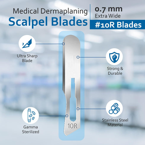 100 #10R 0.7 mm Pack 100 (#10R (100 pcs Dermaplaning Scalpel Blades Extra Wide Sterile Blades Carbon Steel