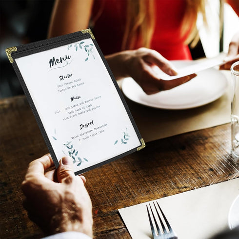 25 Pack 5.5 8.5 inch 2-View Menu Covers x - Black Vinyl Menu Holders | Waterproof Clear Sleeves Top-Loading