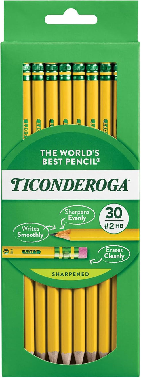 Ticonderoga Wood-Cased Pencils, Pre-Sharpened, 2 HB Soft, Yellow, 30 Count, 6 Packs