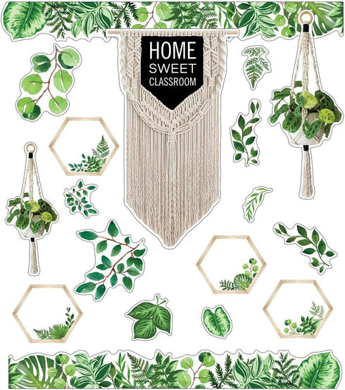 Schoolgirl Style Simply Boho Bulletin Board Set—Home Sweet Classroom Macrame Header, Leaf Border Trims, 58 pc