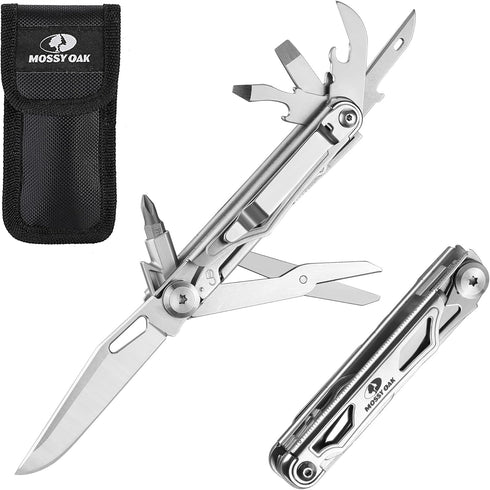 Mossy Oak 12-in-1 Multitool Pocket Knife with Pouch, Stainless Steel Multitool Knife with Clip, Survival Tools for