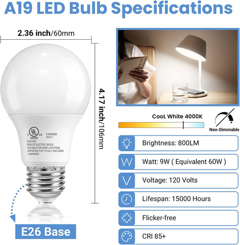 A19 Bulbs 60 E26 Bulbs, 4000K Lightbulbs, 9W 800 85+ 120V, Non-Dimmable, 6 Pack TJOY LED Light Watt Equivalent