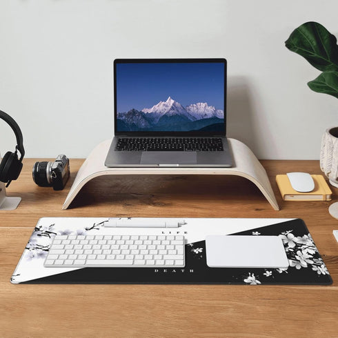 Japanese Life Death Keyboard Mat, Black White Anime Gaming Mouse Pad with Anti-Slip Rubber Base, Sakura Pagoda Sun