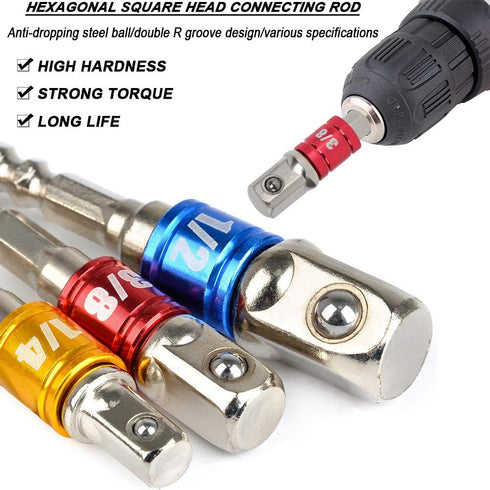 TIMESETL 3Pcs 1/4" 3/8" 1/2" Cr-V Hex Shank Impact Grade Socket Adapter Extension Set