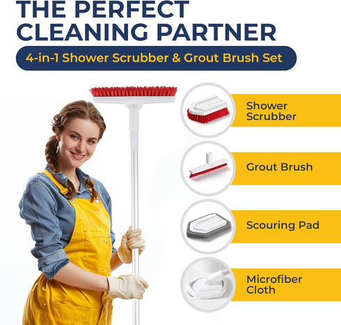 Shower Scrubber with Long Handle, Stiff Bristles Grout-Brush, Tub Scrub-Brush with Long-Handle, Shower-Cleaner Brush