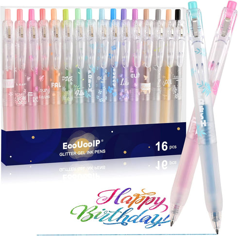 EooUooIP 16 Pieces Glitter Gel Pens, Fine Point 0.5 MM Quick-Drying Ink for Coloring and Doodling
