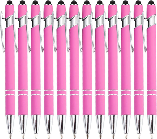PASISIBICK 12 Pieces Pink Ballpoint Pen with Stylus Tip, 2 in 1 Premium Metal Stylus Pen for Touch Screens (12 PCS Pink)