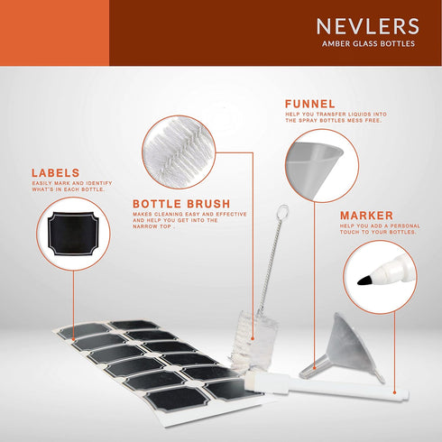Nevlers 12 Pack 8 oz Amber Glass Bottles with Caps, Leakproof Brown Bottles with Funnel and Brush for Easy