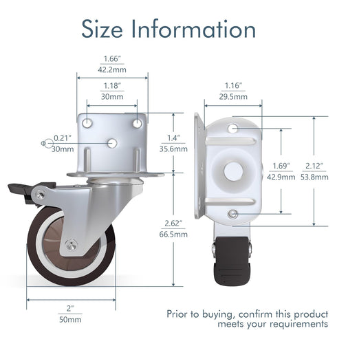 2 Inch 4-Pack 2 2 Side Mount Casters with Swivel & Brake, L-Shape Plate for Furniture, Cabinets, Coffee Tables, Plant