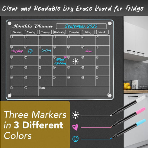 DIYMAG Magnetic Acrylic Dry Erase Calendar for Fridge, Clear Monthly Planner Menu with 3 Highlight Markers,