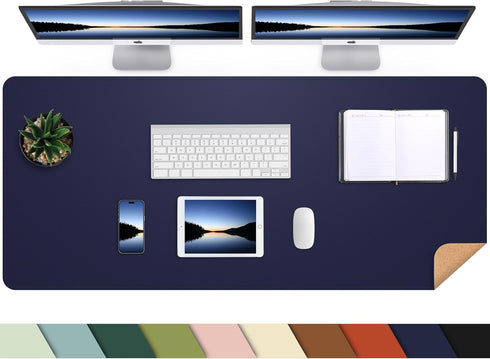 Leather Desk Pad Protector, Large Non-Slip Office Desk Mat with Natural Cork & PU Leather, Blue (47in*23.7in)