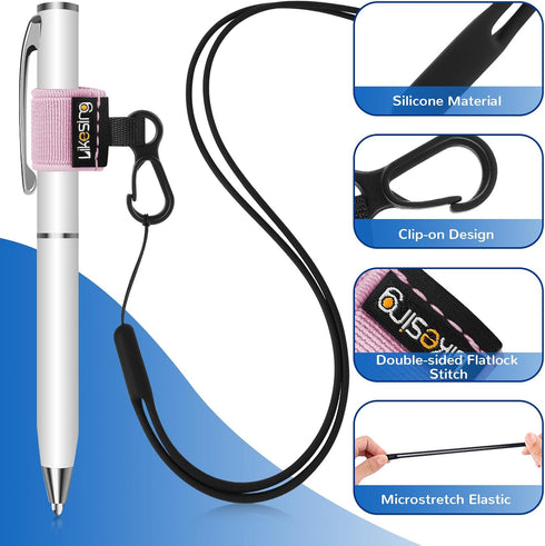 4 Set Likesing Pen Holder for Lanyard, Elastic Retractable Pencil Holder with Silicone Lanyard Around Neck, Pen Leash