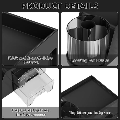 Marbrasse Desk Organizer with 2 Drawers, 360° Rotating Pen Holder, 6 Slots Pencil Organizer, Art Supply Storage (Black)