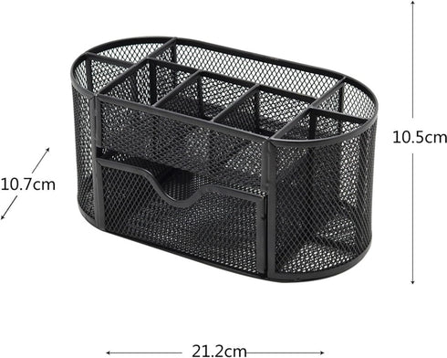 Black Mesh Desk Organizer Desktop Office Supplies with 9 Compartments, Office Desktop Organizer with Drawer, Metal Pen Holder Stationery Caddy Multifunctional Organizer for Desk Organization