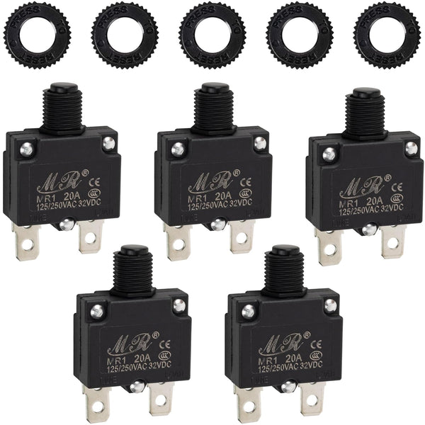 BlueStars 5 Packs 20Amp Thermal Circuit Breaker 125/250V AC 32V DC - Overload Protector Manual Reset Compatible