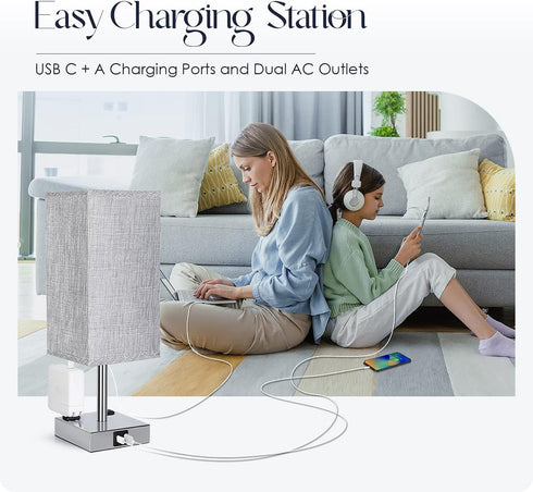 3 Dimmable Bulb Soilsiu Bedside Lamp with USB Ports - Touch Control Table Lamp for Bedroom with USB C+A Charging Ports