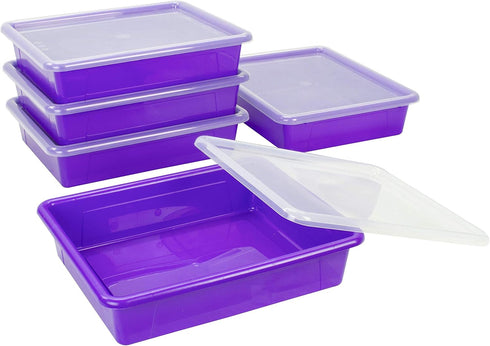 Storex Letter Size Flat Storage Tray – Organizer Bin with Non-Snap Lid, Violet, 5-Pack for Classroom, Office, Home
