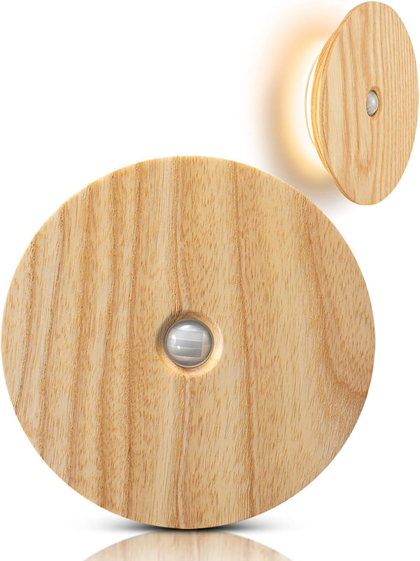 Motion Sensor Night Light Wood, Rechargeable Battery-Powered Magnetic Stick-On Night Light Wall
