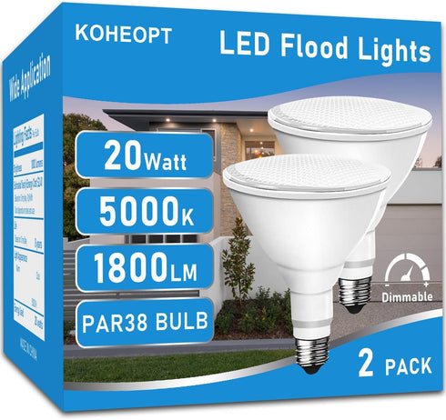KOHEOPT PAR38 LED Flood Light Bulbs, 2 Pack 20W Outdoor Flood Lights,1800 Lumens