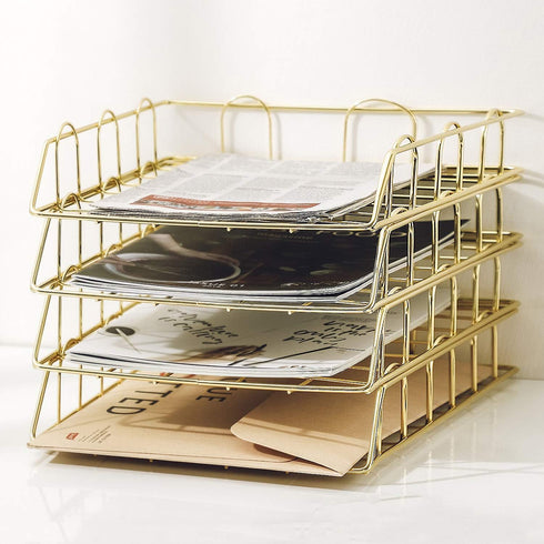 Jolitac Rose Gold 4-Tier Stackable Paper Tray - Decorative Desk Organizer for File Documents in Home & Office (Gold)
