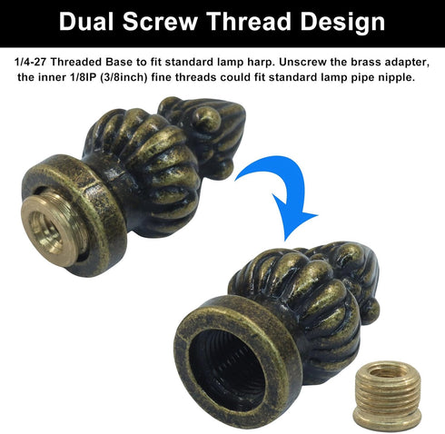 Rierdge 3/8" 1/4-27 2 Pack Antique Brass Lamp Finial Cap Knob - Dual-Thread Screw Design Fits Both and Harp Threads