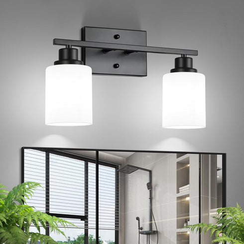 Ascher Bathroom Light Fixtures, 2-Light Vanity Light Over Mirror, Matte Black Wall