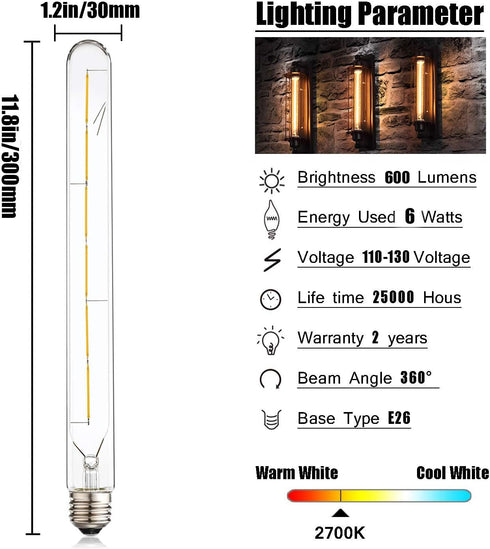 Leools Vintage LED Filament Bulb T300, 6W Dimmable T10 Edison Light Bulb Long Tubular Antique LED Light,E26 Base,Clear Glass,Warm White,2700K, 600LM(60W Equivalent),11.81in(300mm), Pack of 4 by Leools