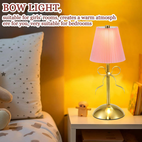 2 Pack 12 Inch Small Gold Bow Table Lamp for Girl's Bedroom Cute Coquette Bow Table Lamp with Fabric Shade Modern