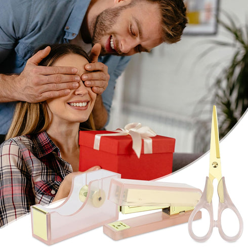 Stapler Tape Dispenser Scissors Set - Heavy Duty Acrylic Pink and Gold Office Supplies with 6.3" Gold Scissors
