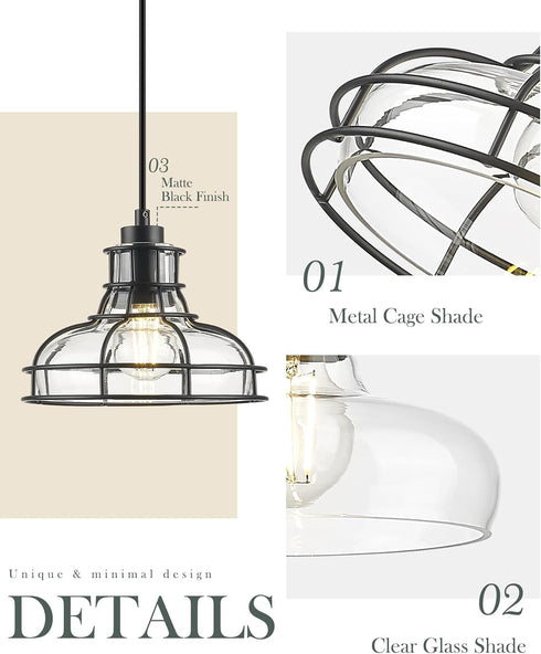 8.7", Industrial Pendant Lights Kitchen Island Black Hanging Light Fixtures with Clear Glass and Metal Cage, Farmhouse