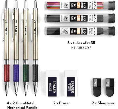Nicpro 4 PCS Premium 2.0 mm Mechanical Pencils Set, 108 Colored & Black Lead Refills, Art Metal Carpenter Pencil