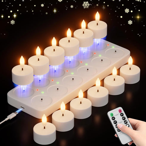 Rechargeable Flameless Tea Lights Candles with Charging Station 12Pcs Battery Tea Lights