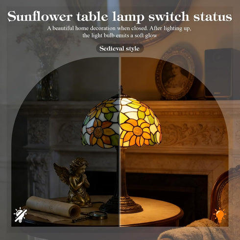 6 Inch Dimmable Bulb 2700K E27 Style Table Lamp with Stained Glass Sunflowers Small Antique Desk Lamp Bedside