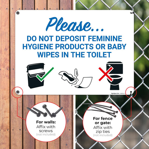 10x14 Inches, .040 Please Do Not Deposit Feminine Products Baby Wipes in Toilet with Graphic Sign, Rust Free Aluminum