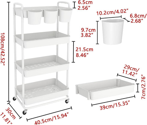 4-Tier JIUYOTREE Plastic Rolling Storage Cart Utility Cart with Extra Hanging Cups Handles Lockable Wheels for Living