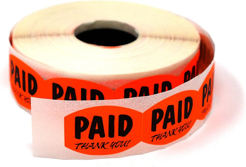 Paid Thank You Fluorescent Orange Self Adhesive Labels, Sold Retail Stickers, 1 Roll, 1000 Pack, .85" H x 1.2" W
