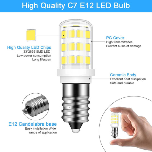 E12 LED Bulb, 40W Replacement Type B, 6000K Daylight White, 4W Fridge Water Dispenser Light Bulb, 2 Pack for Chandeliers