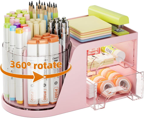 Marbrasse Desk Organizer with 2 Drawer, 360° Rotating Pen Holder, 6 Slots Pencil Organizer + 2 Drawer, Pink
