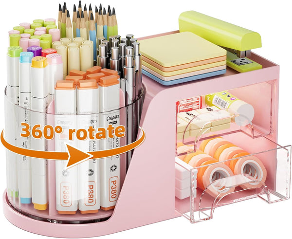 Marbrasse Desk Organizer with 2 Drawer, 360° Rotating Pen Holder, 6 Slots Pencil Organizer + 2 Drawer, Pink