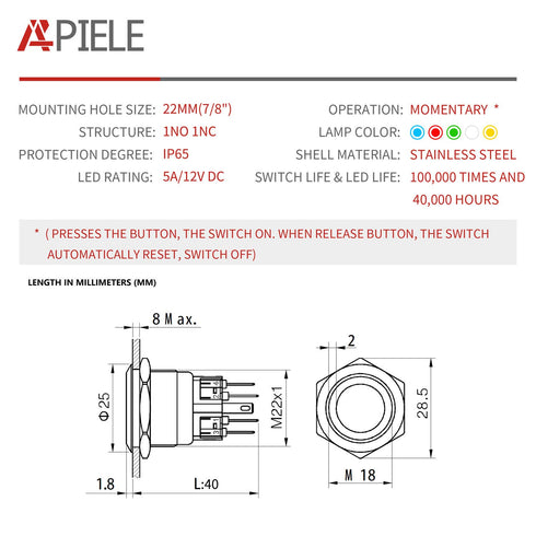 APIELE 22mm Momentary Push Button Switch – 12V Angel Eye LED Waterproof Stainless Steel Round Metal Self-Reset