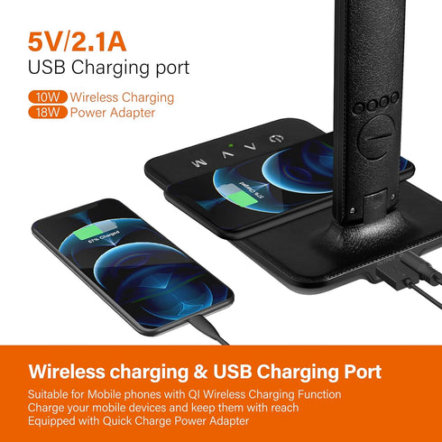 poukaran LED Desk Lamp with Wireless Charger, USB Charging Port, Table Lamp with Clock, Alarm, Date, Temperature, Desk