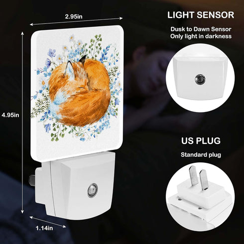 Jahiona White,0.5W LED Night Light Lamp with Smart Sensor Dusk to Dawn Sensor,Watercolor Red Sleeping Fox Night Light