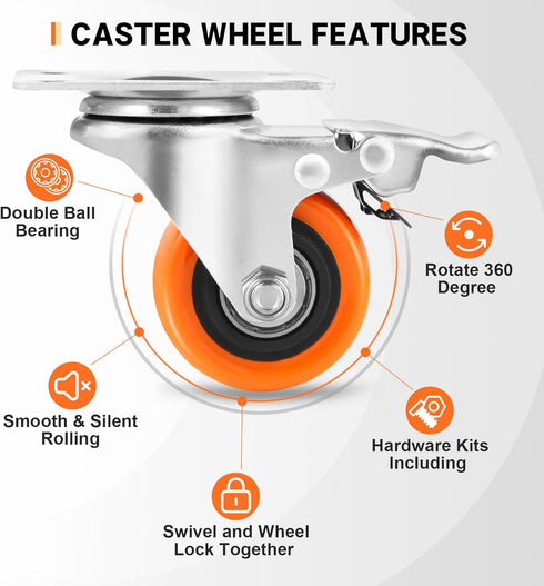W B D WEIBIDA 2" Heavy Duty Plate Caster Wheels Set of 4, 600 Lbs Load Capacity, Safety Dual Locking