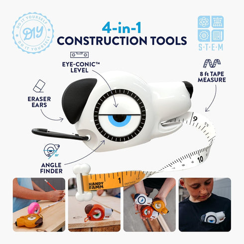 Famm 4-in-1 3+, Handy Spot The Dog Kids Tape Measure with Adjustable Level Eye, Angle Finder & Eraser Ears Montessori