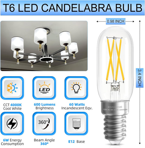 E12 Bulb Dimmable, 6W (60W 600LM Bulb, 4000K, 90+ T6/T25 12 Pack GvvooHome Candelabra Equivalent), LED Neutral White